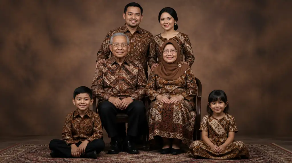 Enam anggota keluarga lintas generasi berfoto studio dengan batik cokelat senada