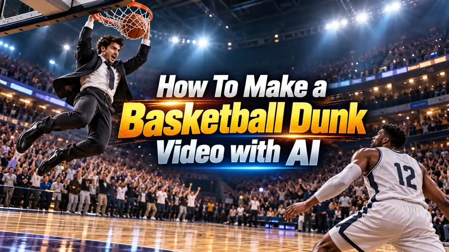 A man in a formal suit is slam dunking a basketball in a court filled with people.