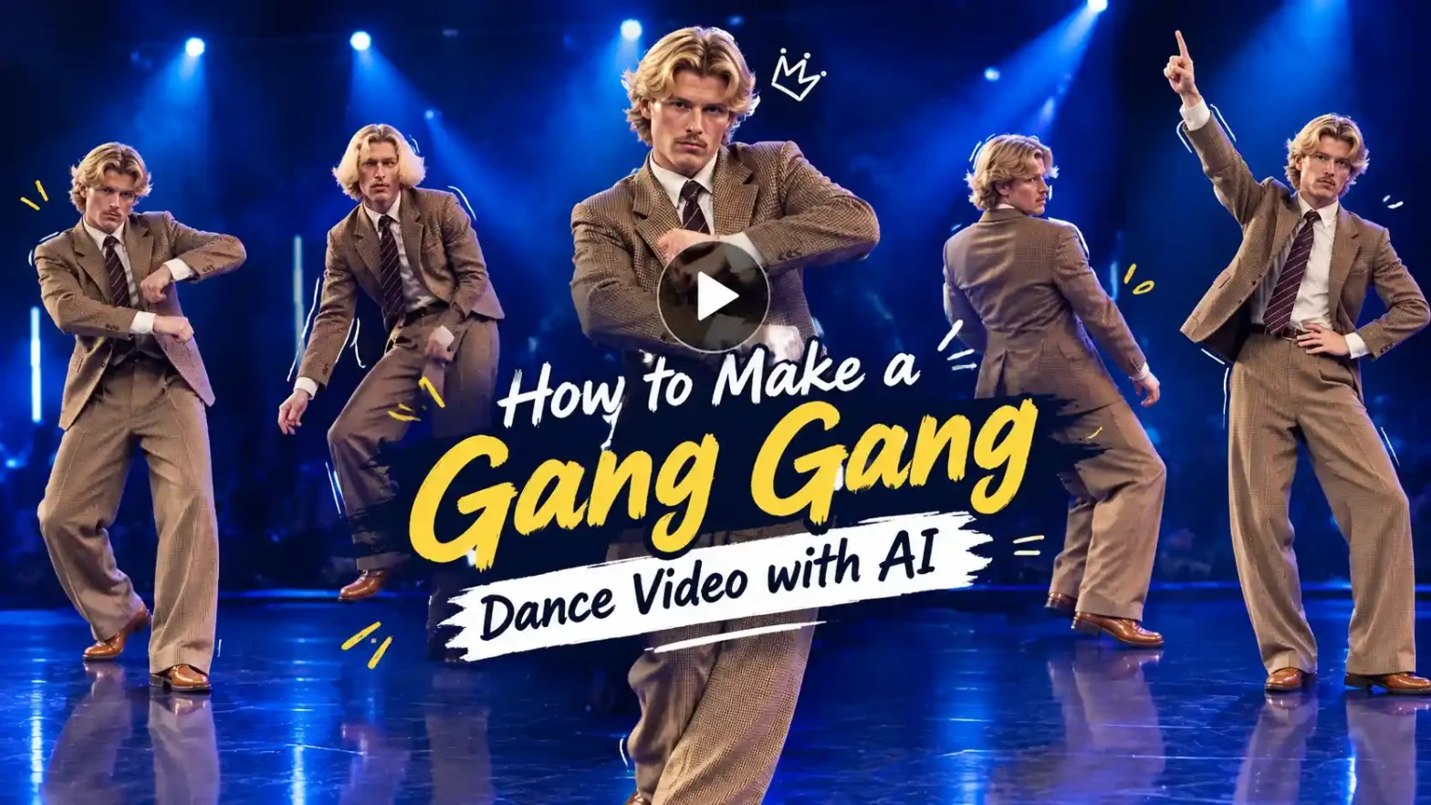 Landscape banner featuring a blonde man in a brown suit striking different Gang Gang dance poses with the title “How to Make a Gang Gang Dance Video with AI.