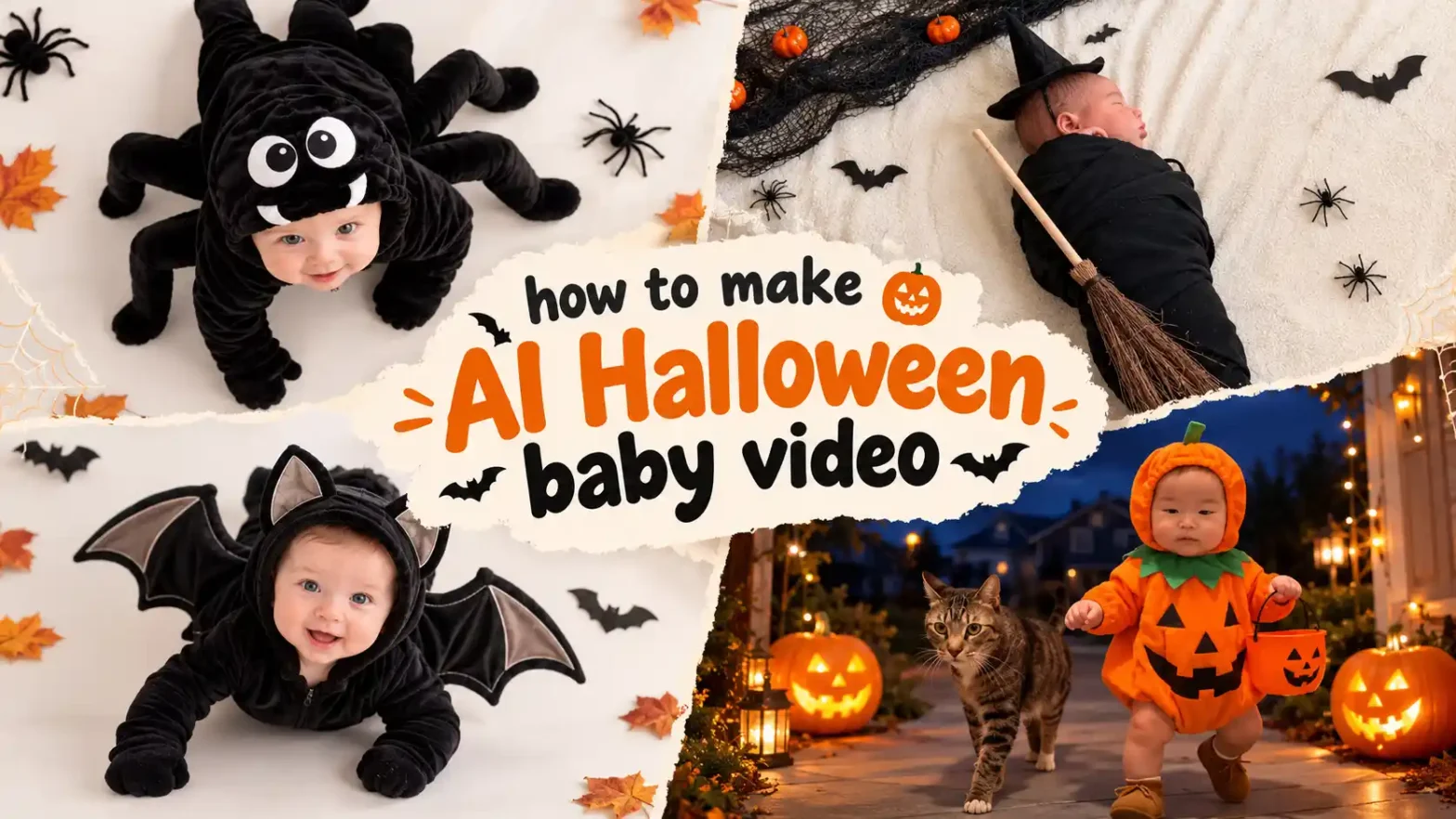 Alt text: Halloween banner featuring four babies in spider, witch, bat, and pumpkin costumes, with the title “How to Make AI Halloween Baby Video” in the center.