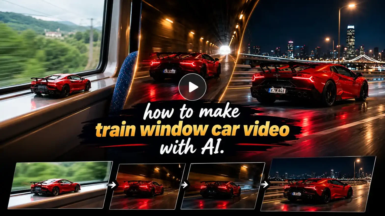 Landscape banner titled “How to Make Train Window Car Video with AI,” featuring a miniature red car transforming into a full-size supercar on a nighttime highway.
