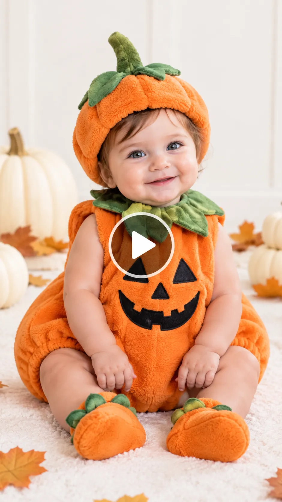 Alt text: Cute baby wearing an orange pumpkin costume and green stem hat, sitting among white pumpkins and autumn leaves with a play button in the center.