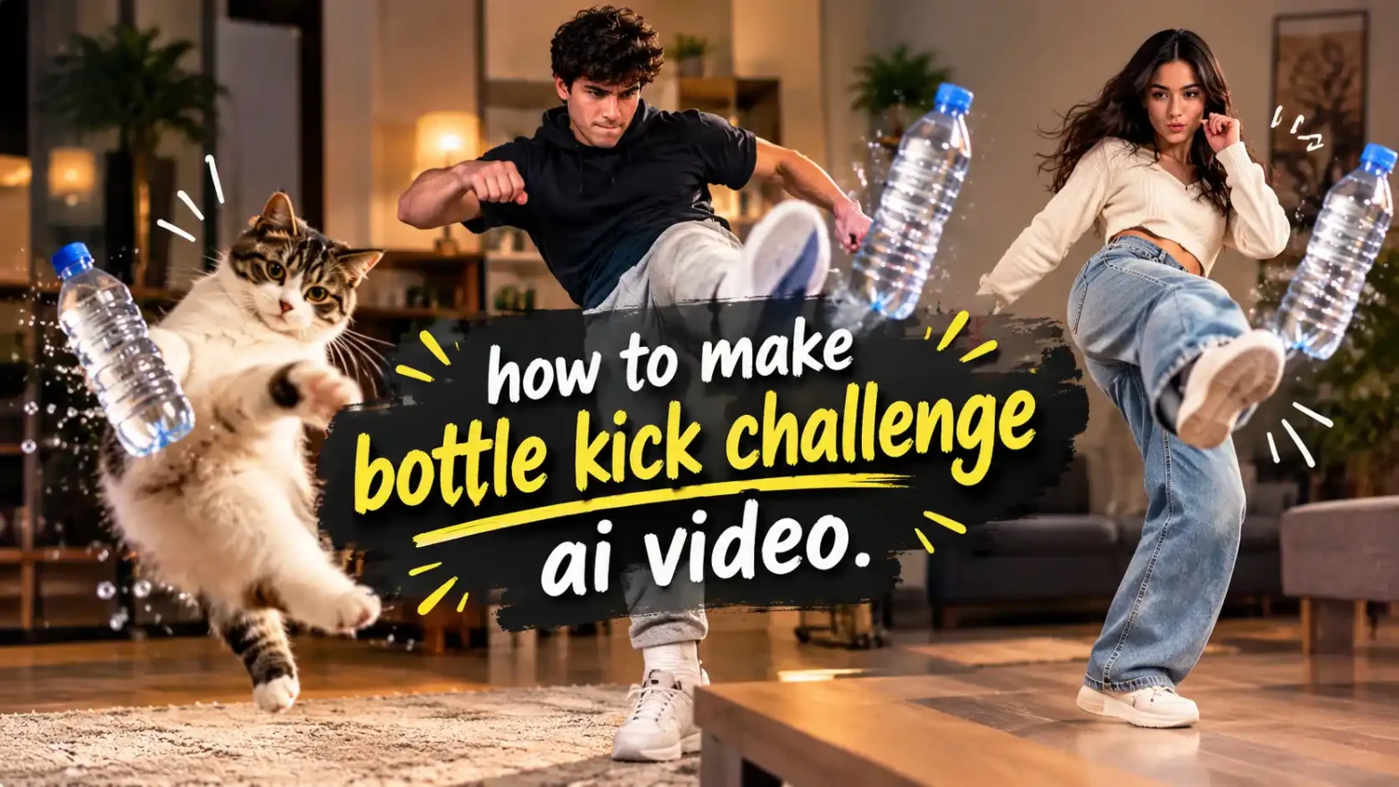A cat, man, and woman kicking flying water bottles in a living room, with bold title text in the center.