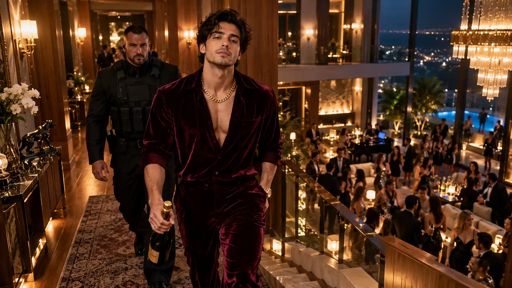A man walking inside his home with a bottle of champagne with a bodyguard behind. 