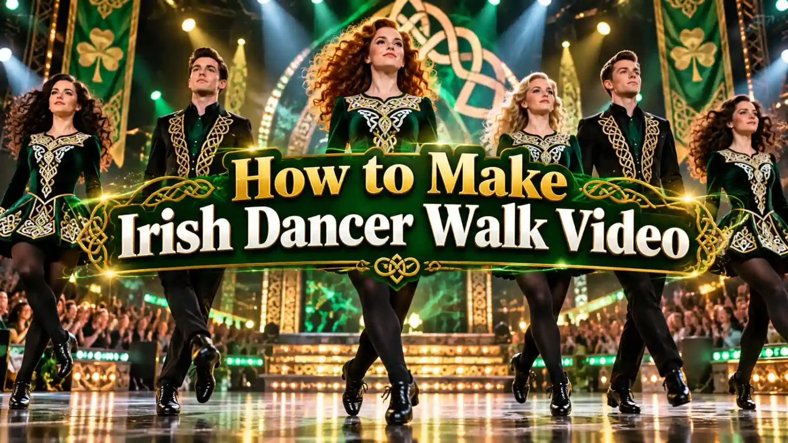 A group of people dancing on a stage in green Irish outfits.
