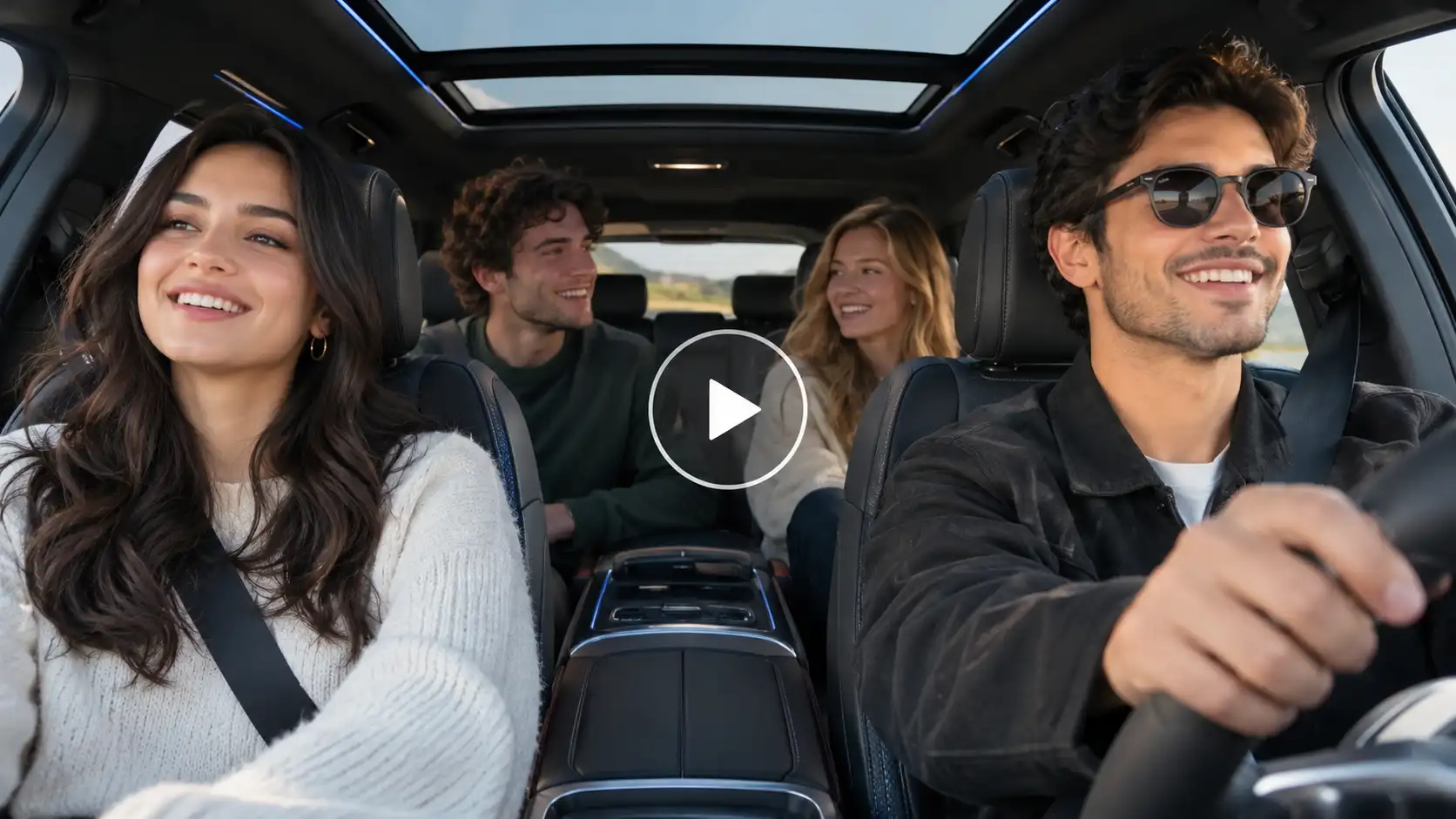 Four people in a car together, they’re all smiling and appear to be happy. 