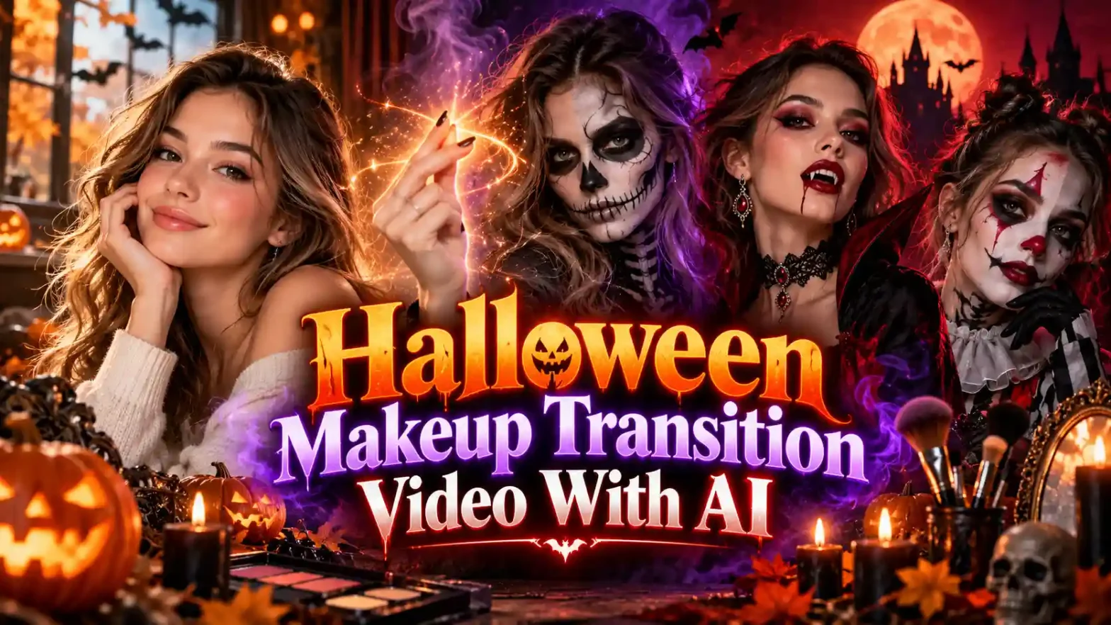 Images of four girls in halloween makeup for a reel