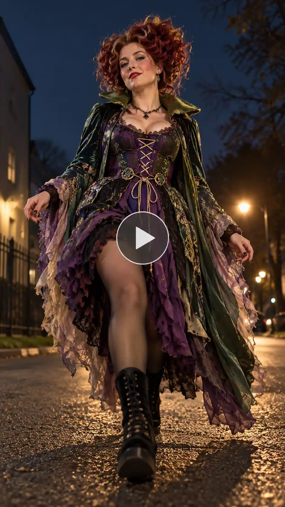 American woman in a dramatic purple and green Halloween witch costume walking confidently toward the camera on a dark, cinematic street, with a transparent play button overlay.
