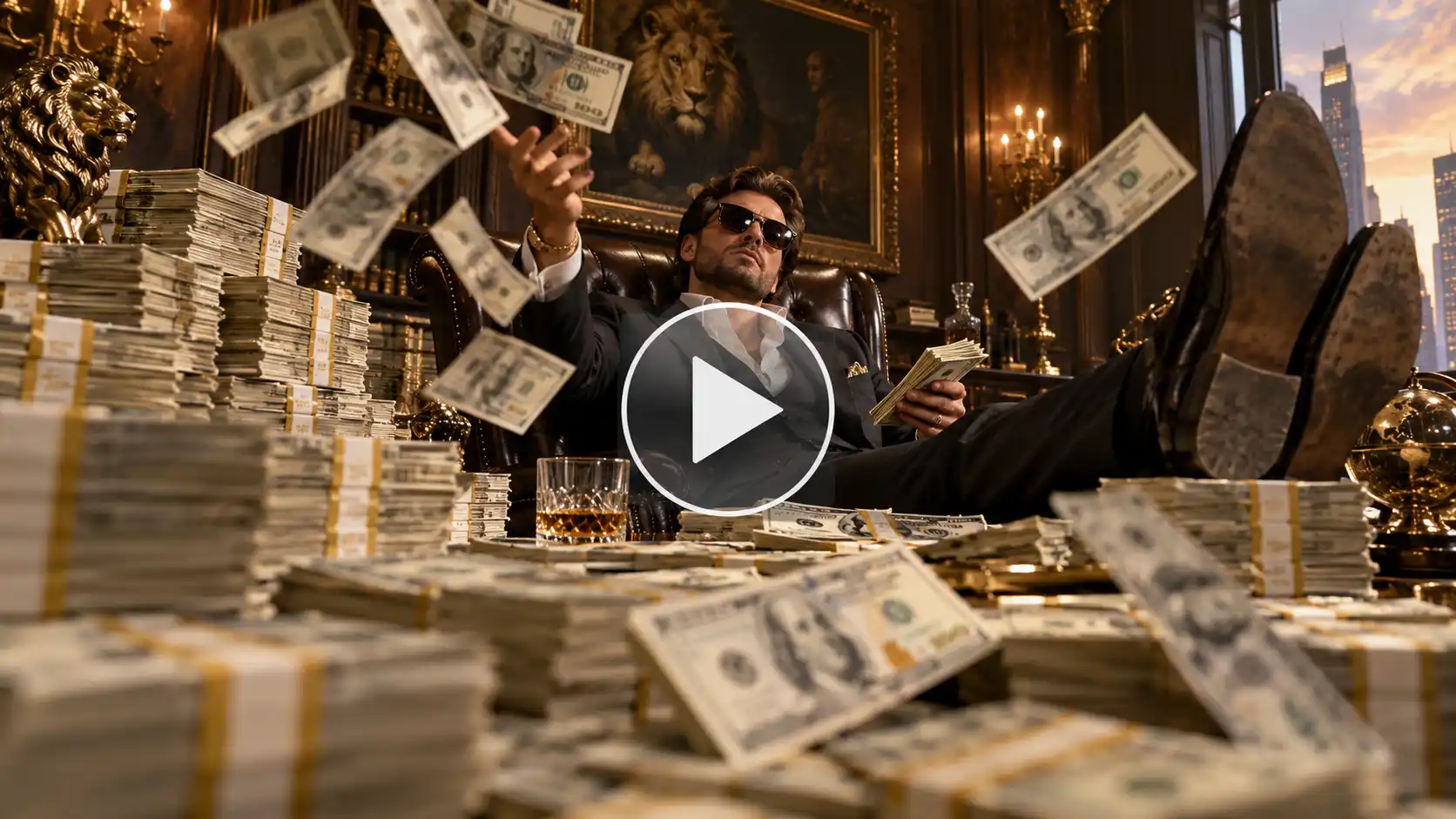 A rich guy sitting behind a table with piles of money lying on the table.