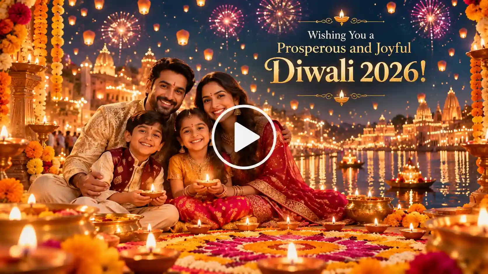 A family of four people celebrating Diwali and wishing everyone a harmonious holiday. 