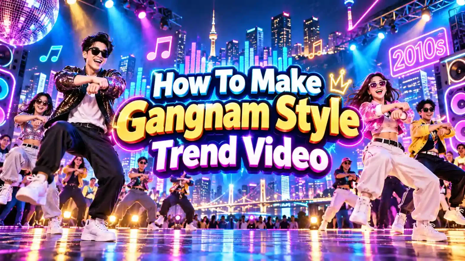 A group of people dancing the horse dance to the Psy Gangnam style song.