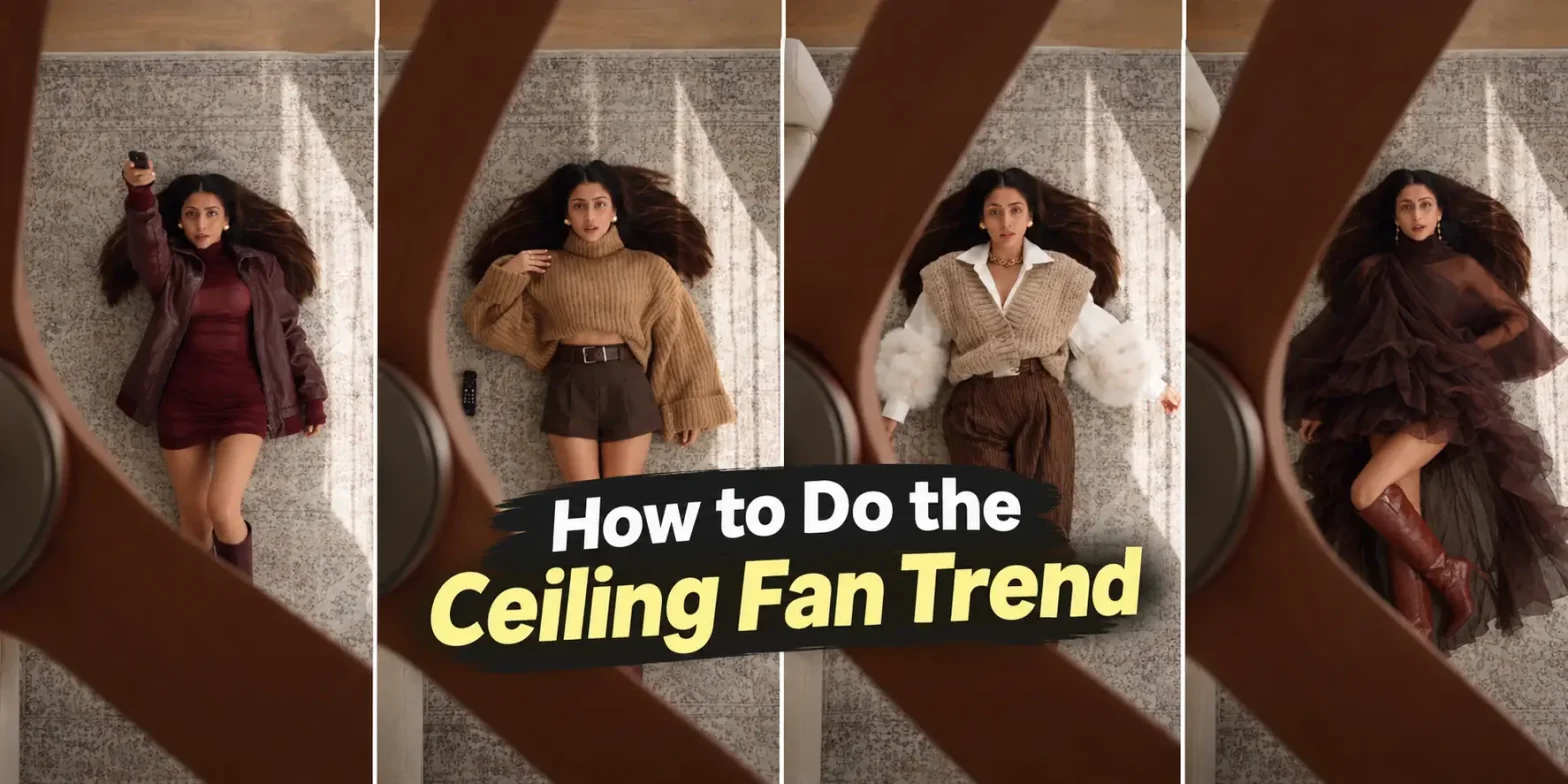 How to Do the Ceiling Fan Trend with four AI-generated outfit transformation scenes under a spinning ceiling fan.