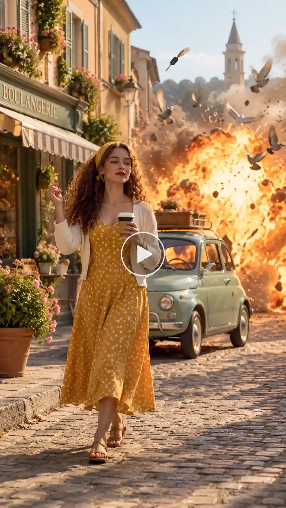 Woman in a yellow polka dot dress walking away from an exploding vintage car