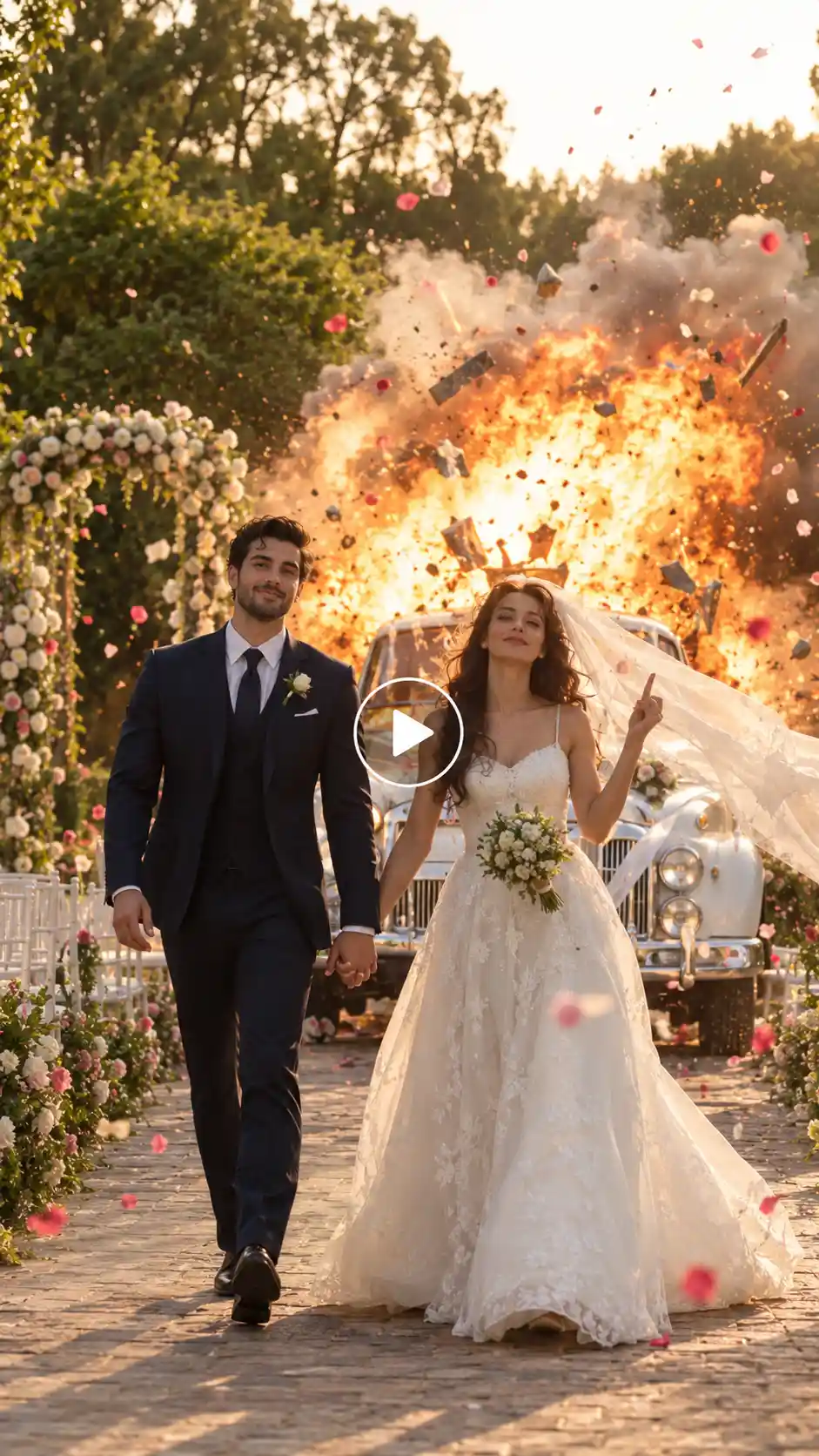 Bride and groom walking together as a vintage wedding car explodes behind them.