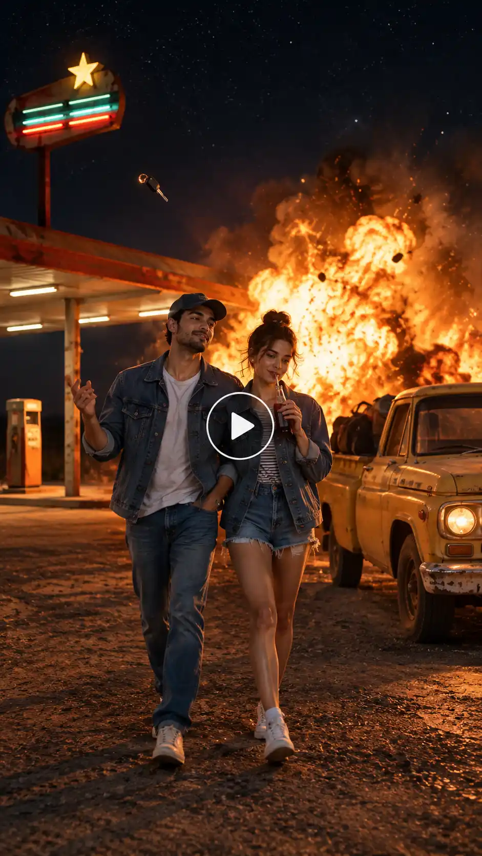 Young couple walking away from a truck after a dramatic explosion at a gas station