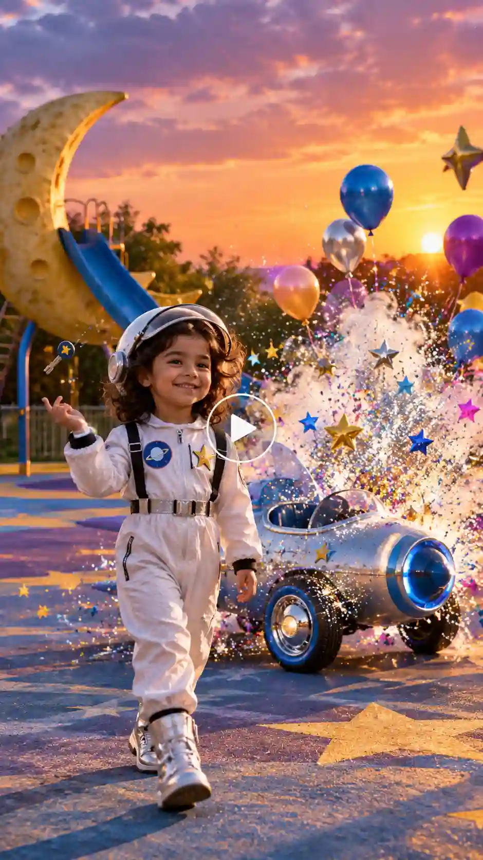 Smiling child walking past a colorful toy car at a birthday party