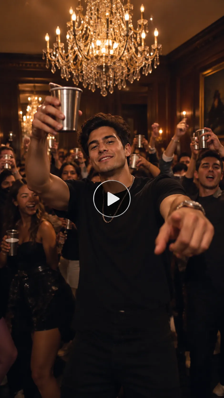 Young man in a black T-shirt holding a silver party cup and pointing at the camera at a chandelier-lit party, with friends cheering in the background.