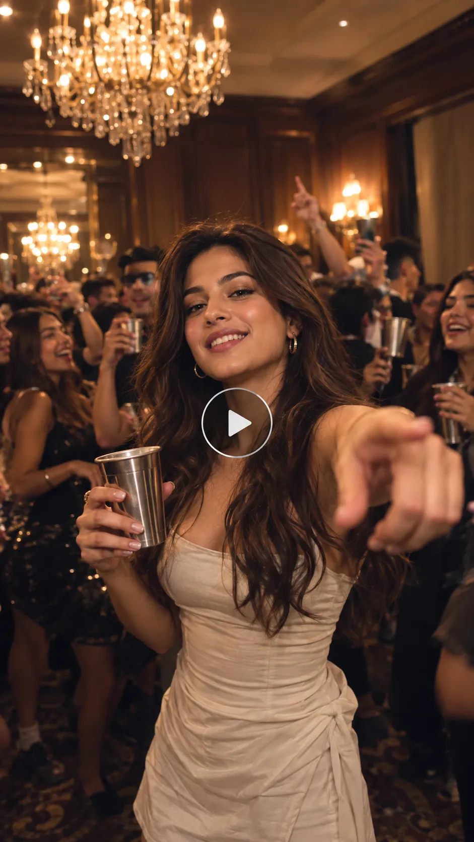 Smiling young woman in a cream outfit holding a silver party cup and pointing toward the camera at a warm, chandelier-lit celebration.