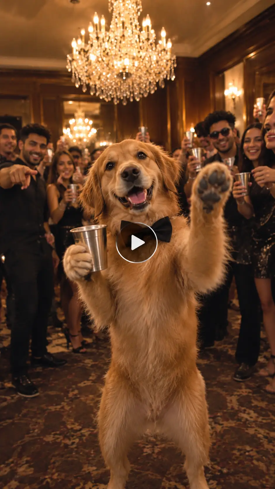 Golden retriever wearing a black bow tie, holding a silver cup and raising its paw at a lively indoor party with cheering guests.