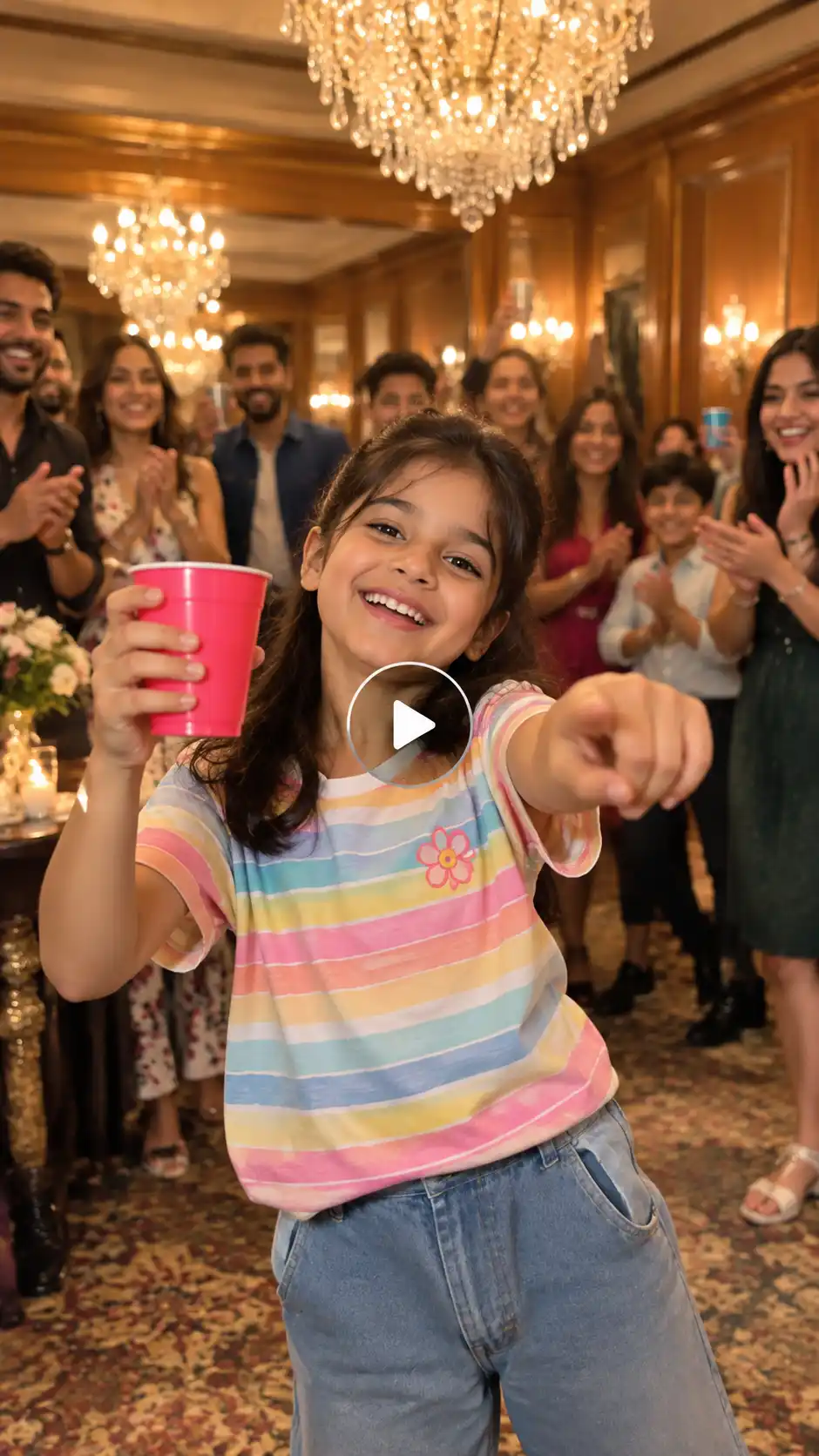 Happy young girl in a colorful striped T-shirt holding a pink party cup and pointing at the camera during a festive indoor celebration.