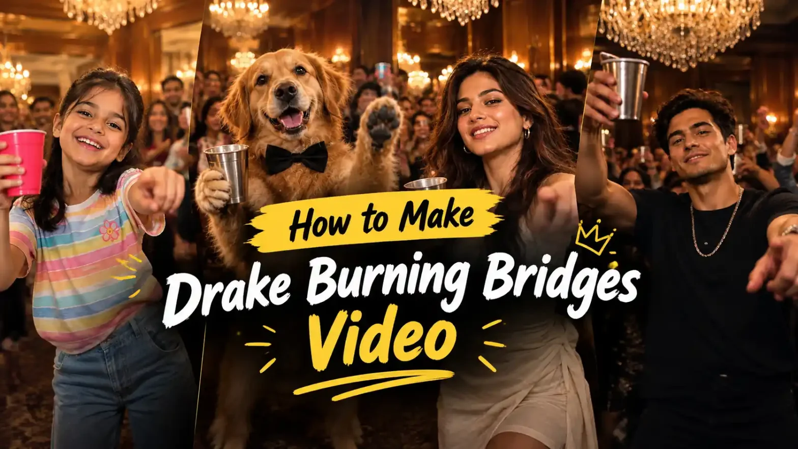 How to Make Drake Burning Bridges Video banner featuring a child, a golden retriever, a young woman, and a young man at a glamorous party.
