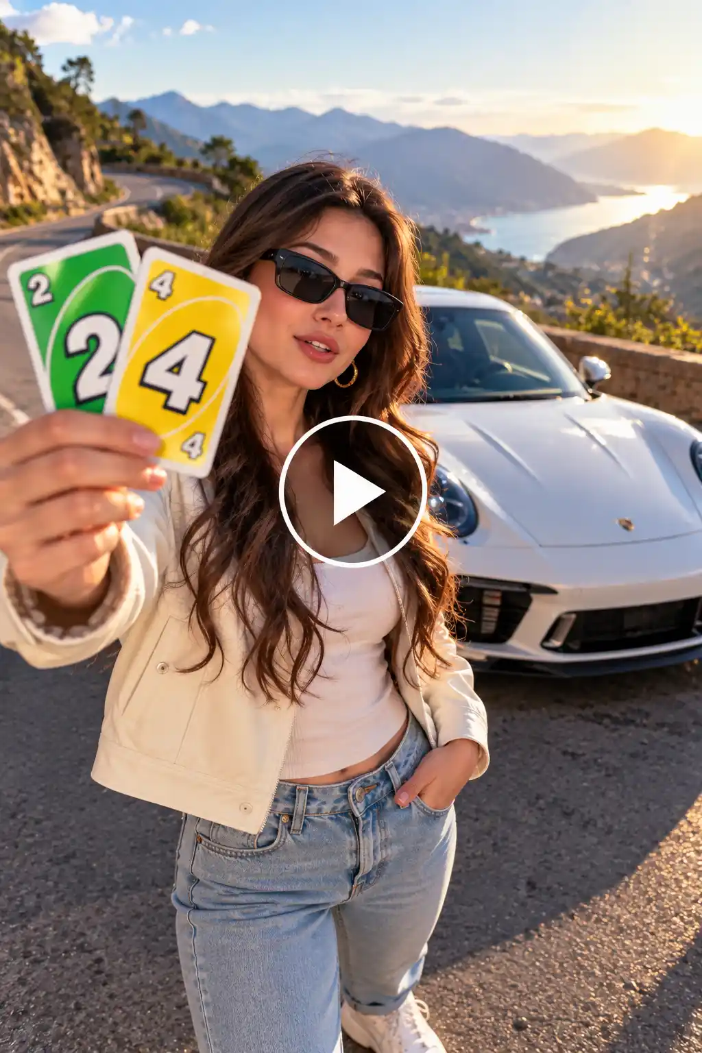 Talking-to-camera AI video with a woman in sunglasses speaking to the lens in front of a white sports car on a mountain road.