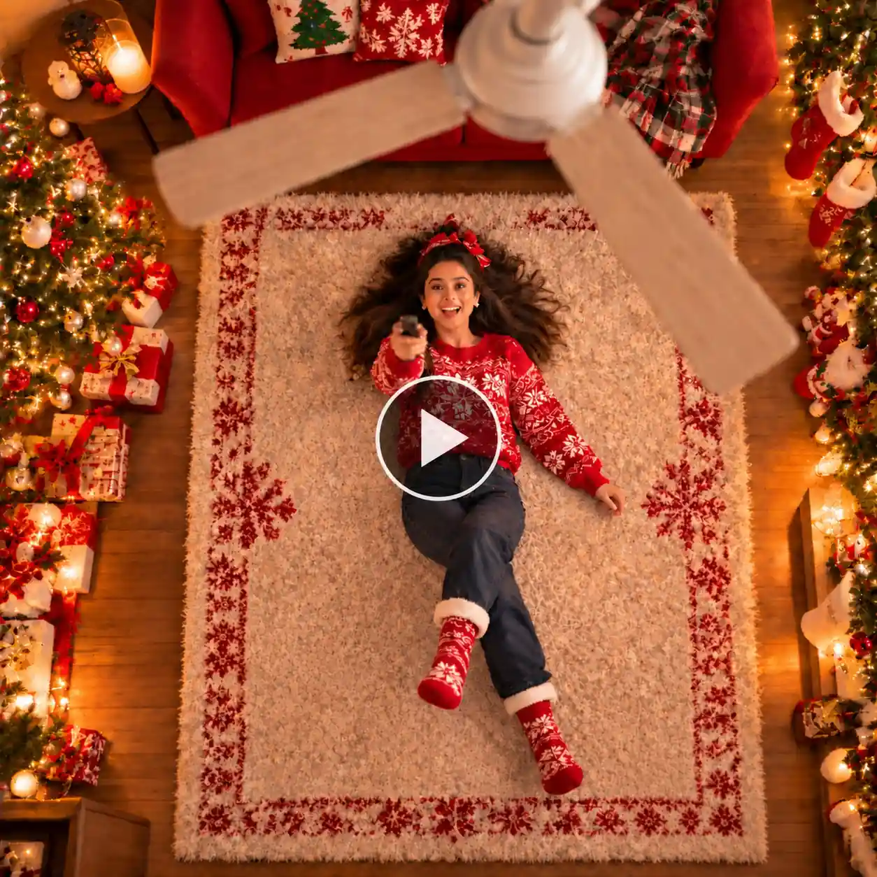 Halloween ceiling fan trend with a woman in a witch costume lying under a ceiling fan in a decorated living room.
