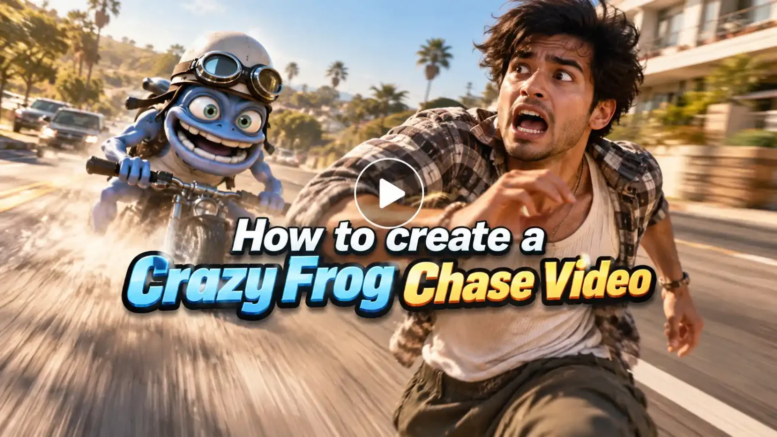 A man being chased by a maniac frog in blue.
