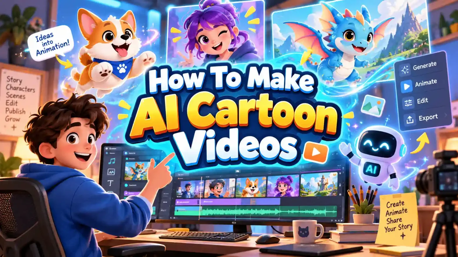 A cartoon figure creating other AI cartoon avatars on his desktop.