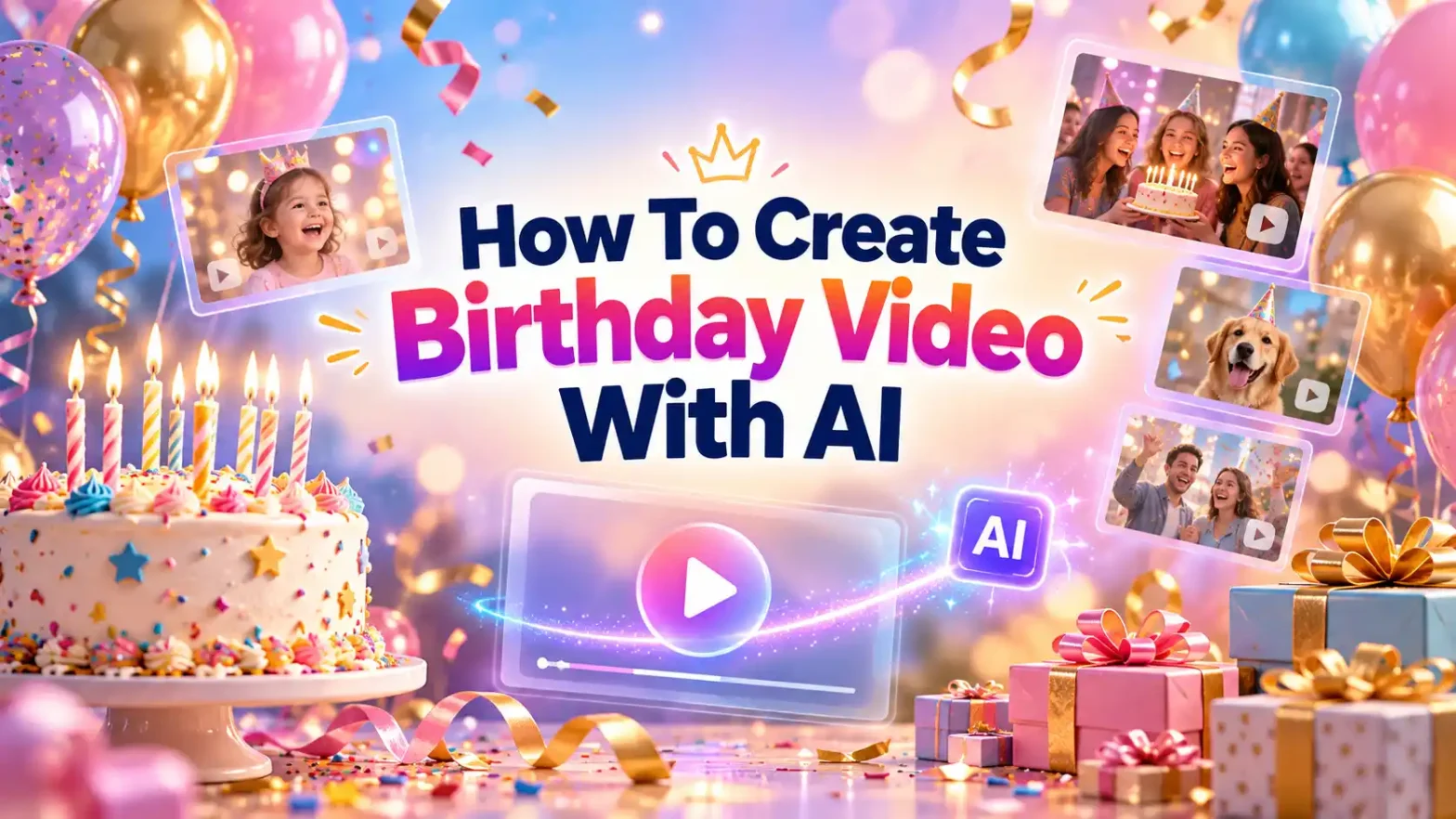 A birthday collage banner for wishing someone a happy birthday with an AI birthday video.