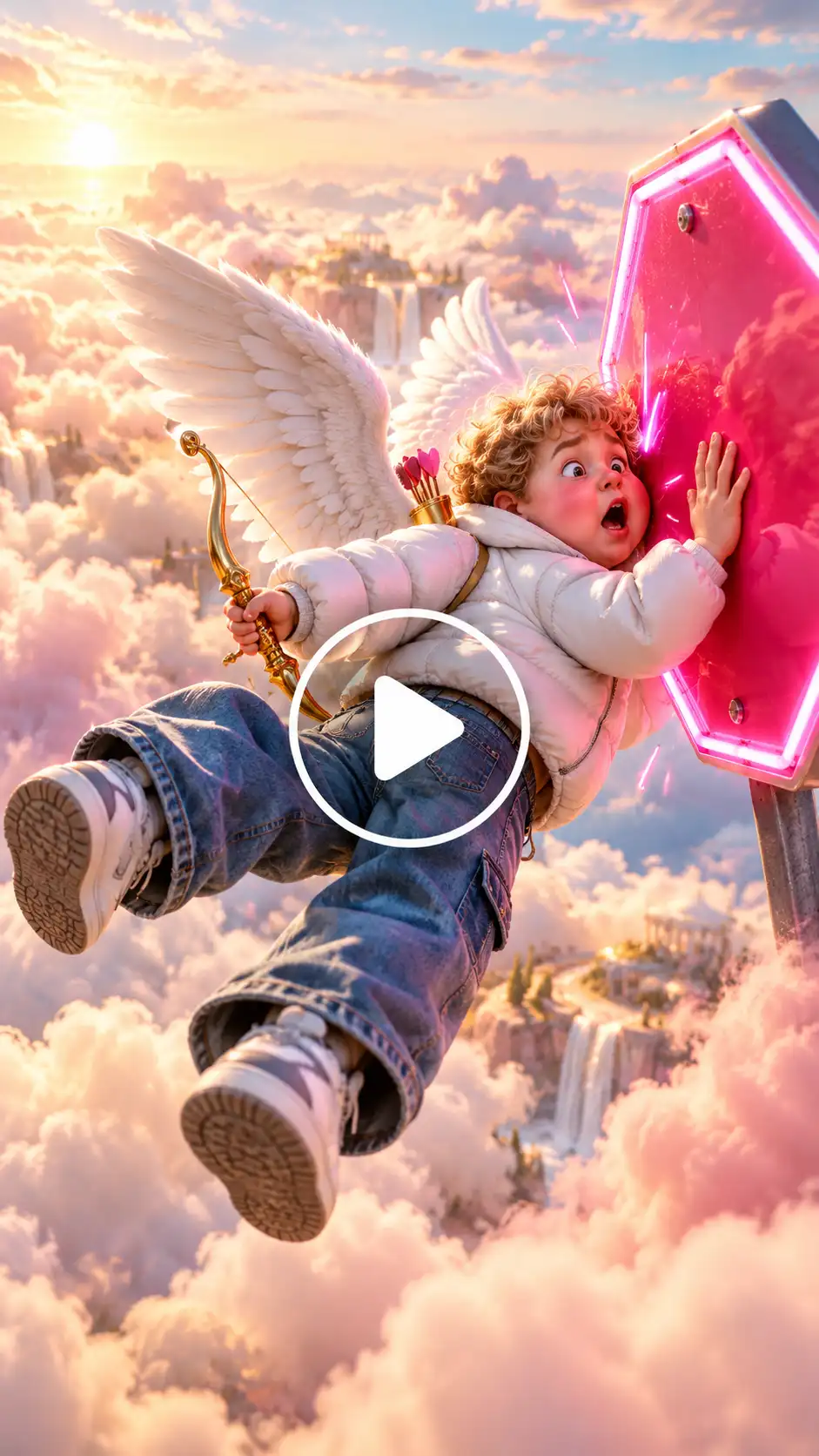A cherub cupid sticking to a neon sign with a bow and an arrow