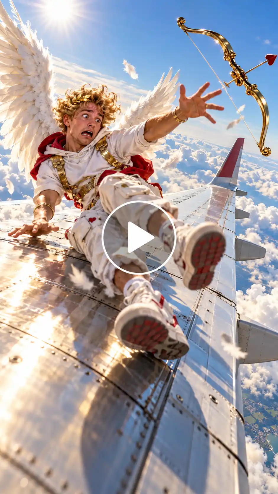 Cupid on an airplane wing being kicked out. 