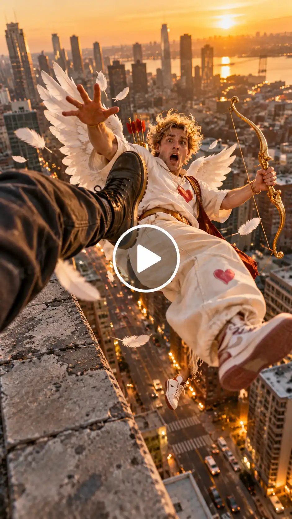 A cupid with a bow and arrow being kicked from a rooftop. 