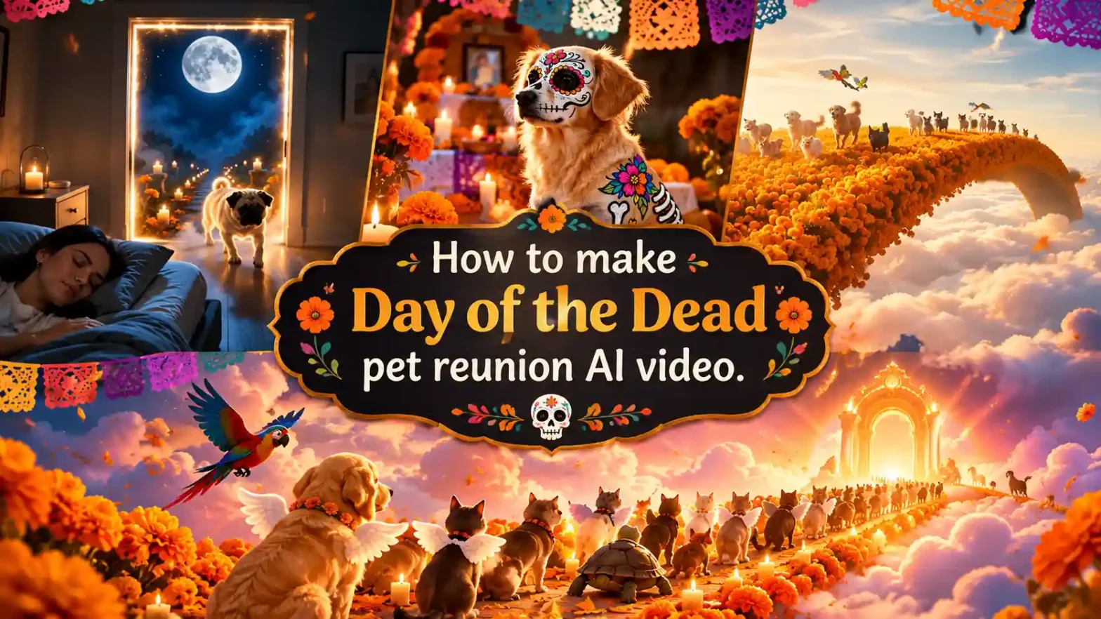 Day of the Dead pet reunion AI video banner featuring pets on a glowing marigold bridge, a decorated dog, and a magical afterlife reunion.