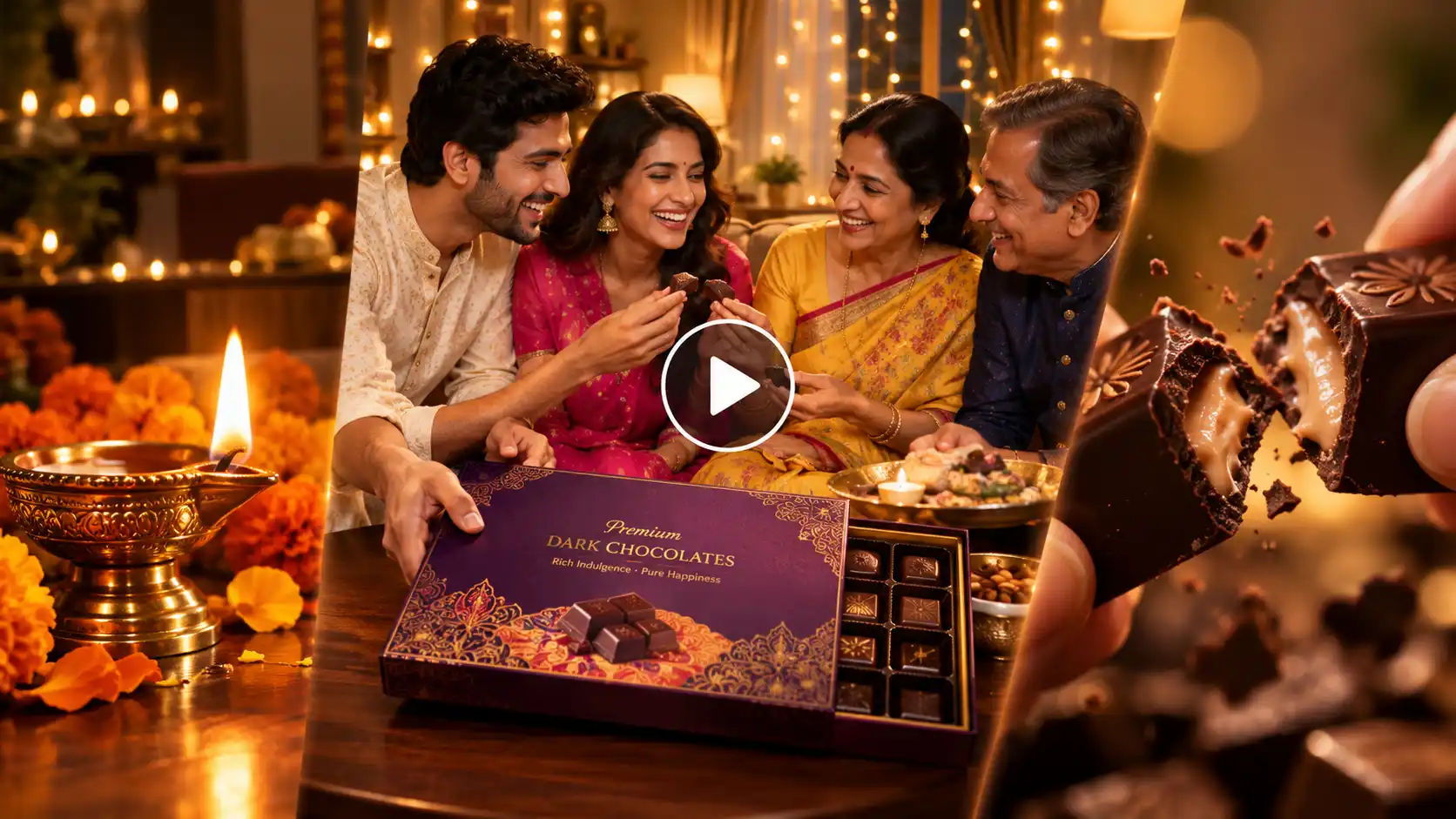 Indian family sharing premium dark chocolates from a purple and gold gift box during Diwali.