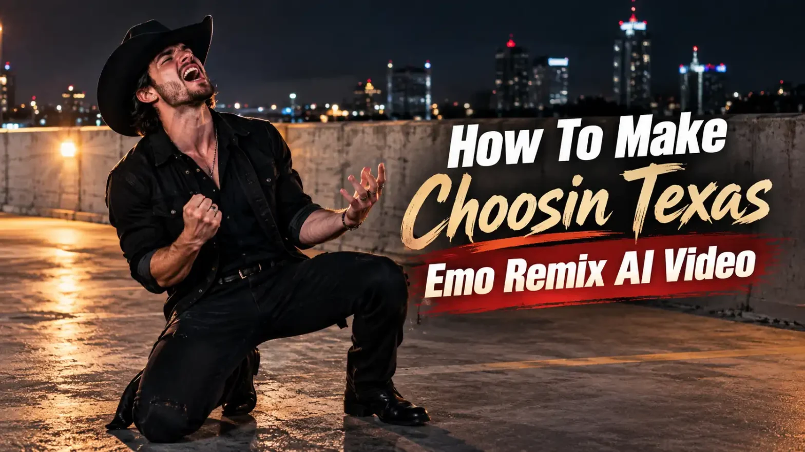 A banner of a man in rockstar clothes on a terrace singing.