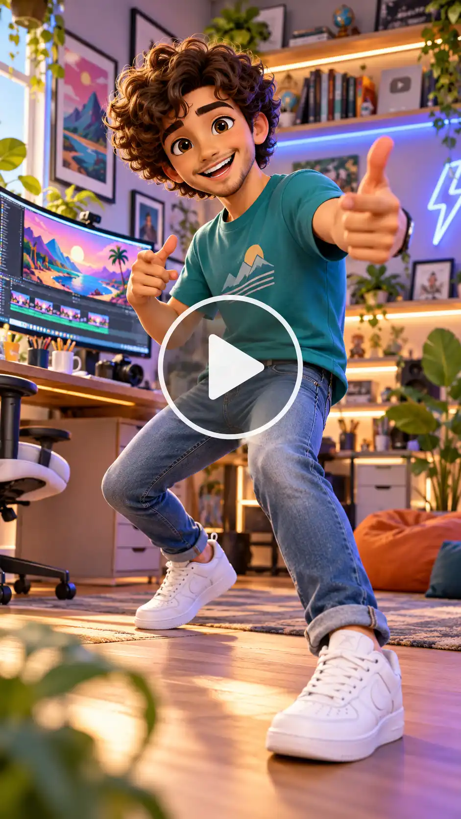 A man in an energetic creator studio dance pose.