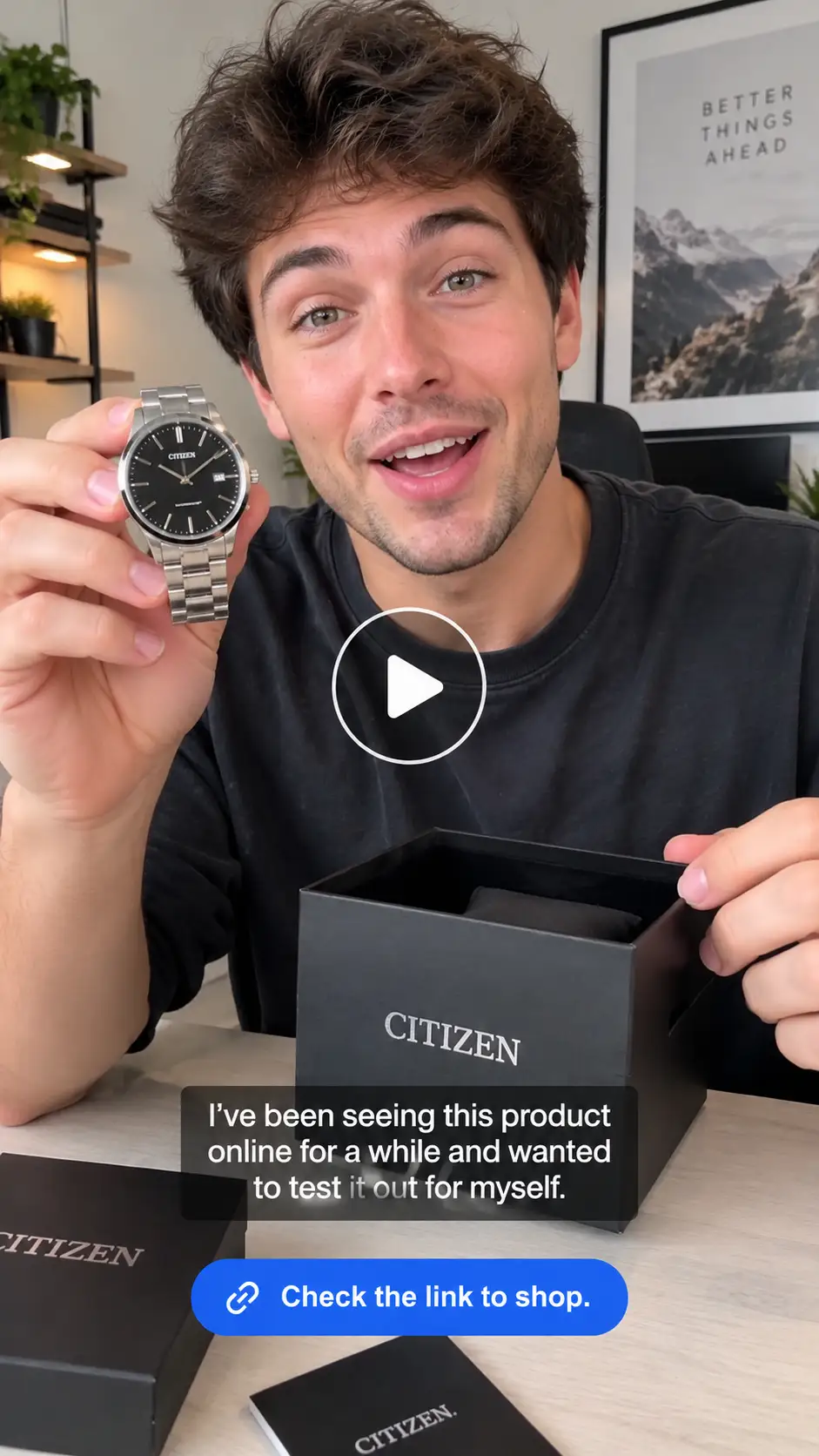 An American man unboxing and presenting a CITIZEN wristwatch at his desk, with the watch packaging, a centered play button, and shopping call-to-action captions.