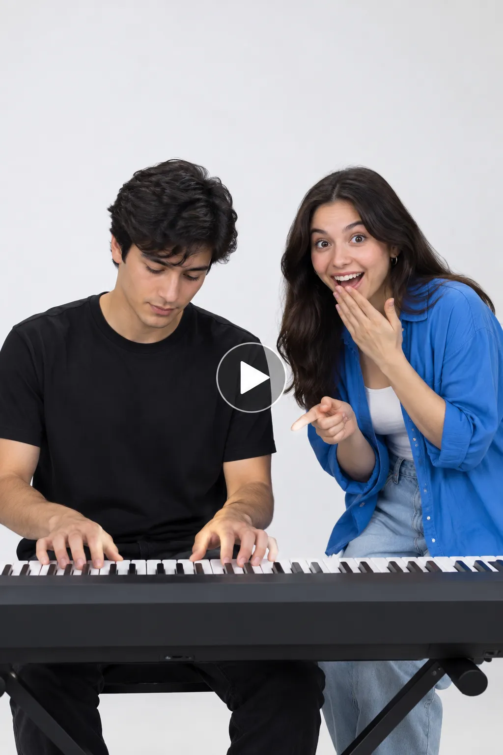A young man plays an electric keyboard while a smiling woman reacts with surprise in a white studio, with a transparent play button in the center.