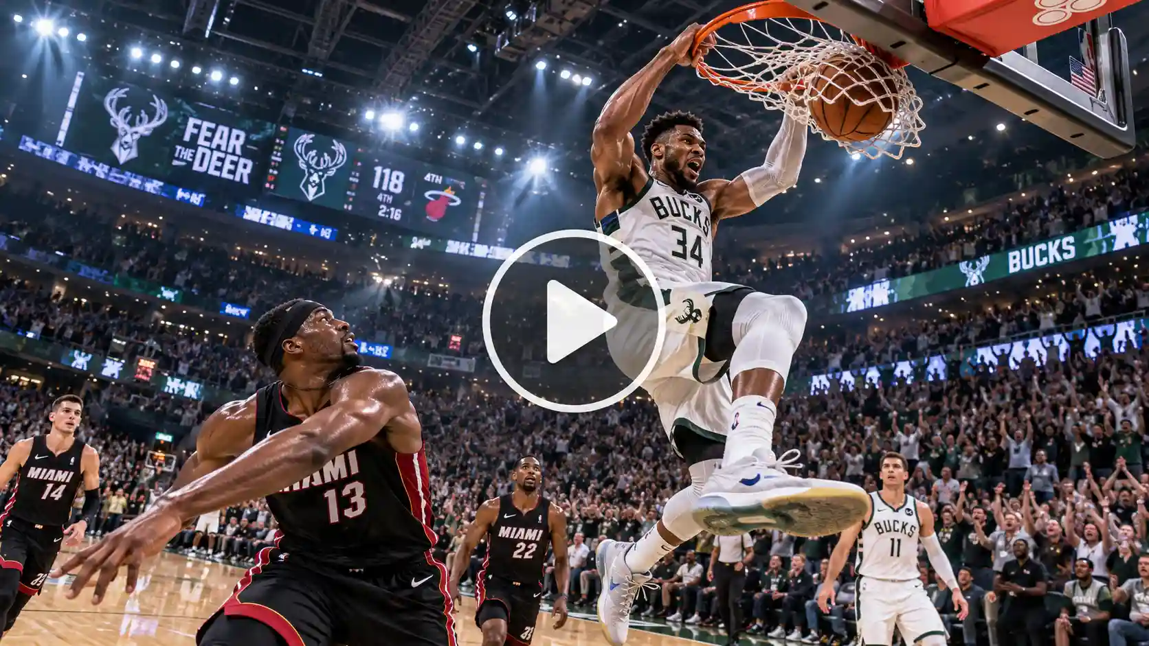 A basketball player slam dunks the ball in a court filled with people. 