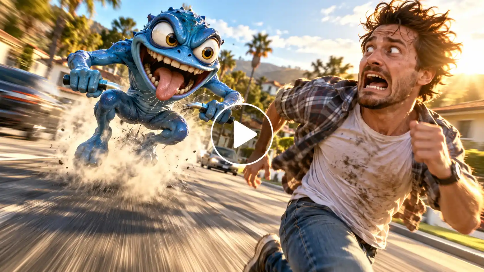 A man being chased by a maniac blue frog on a road.