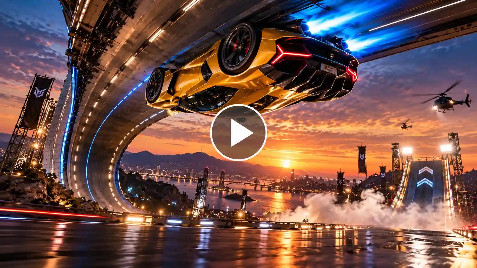 A supercar is upside down on a road with a futuristic city.