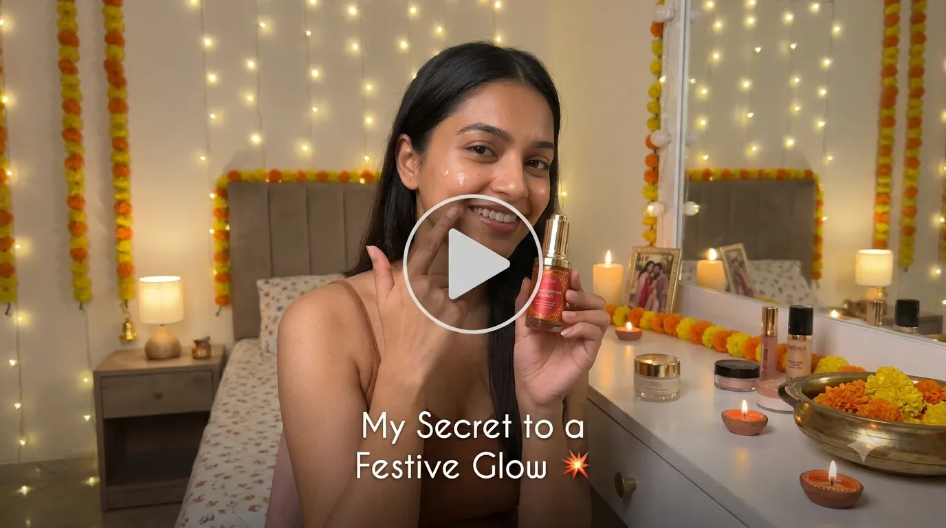 Woman applying face serum while holding the bottle, in a Diwali-decorated room with marigolds and fairy lights.