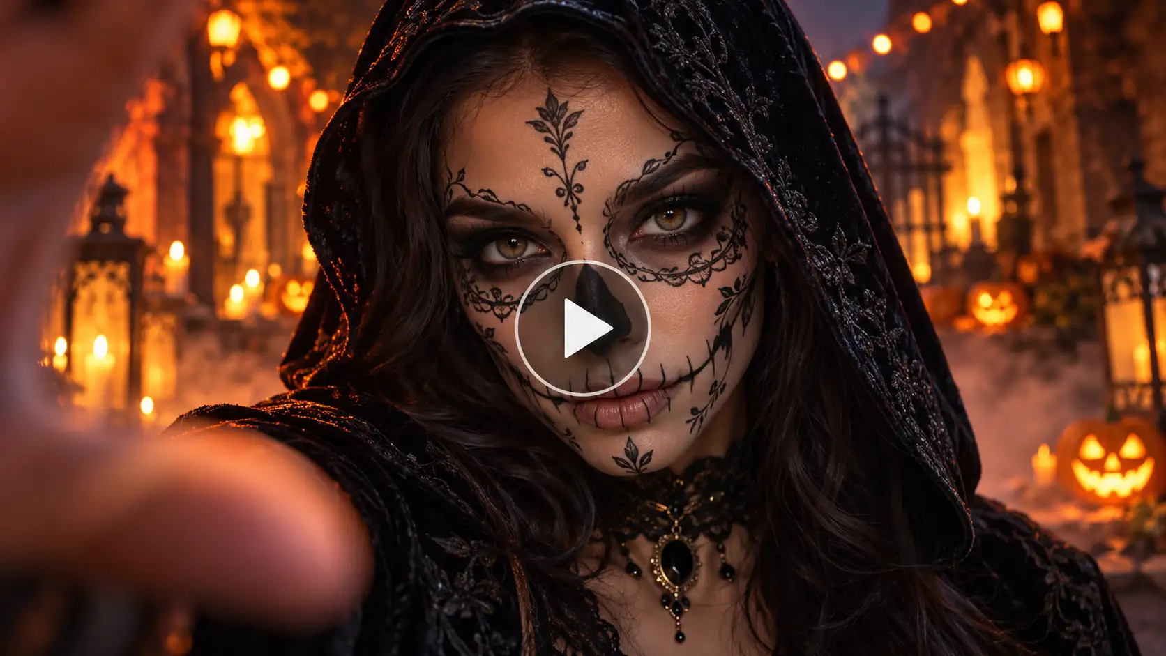 A woman in a gothic sugar skull in candlelight horror background. 