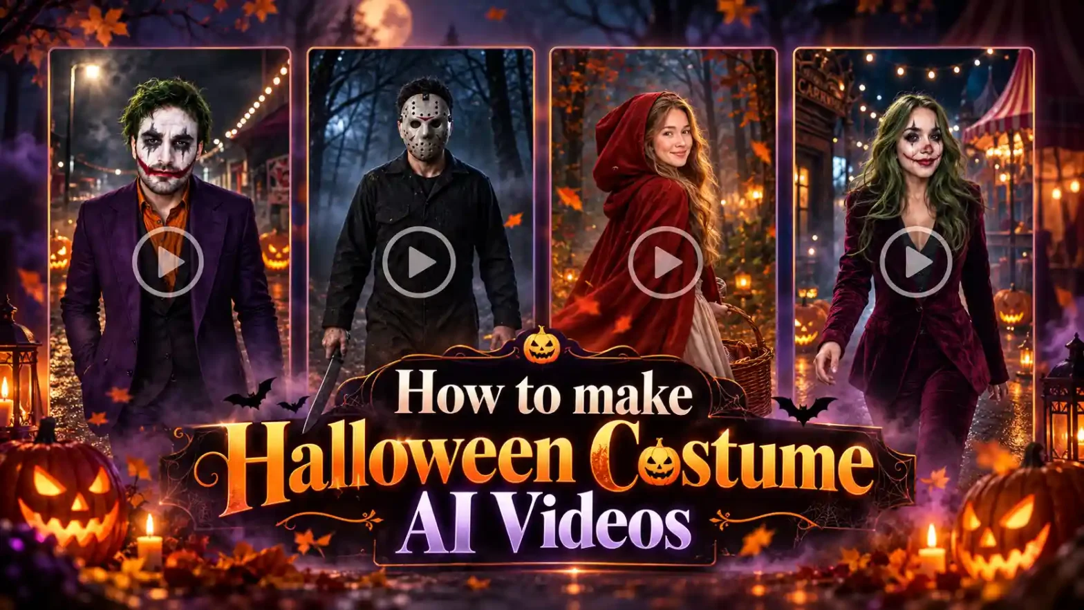 Halloween banner featuring Joker-inspired makeup, a masked horror character, a red riding hood costume, and a gothic clown, with the text “How to Make Halloween Costume AI Videos.”