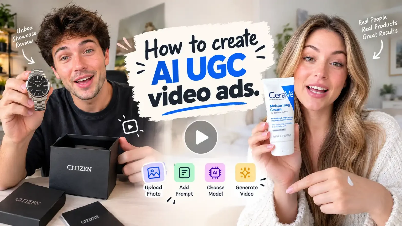 AI UGC video ads banner featuring a man with a CITIZEN watch, a woman holding CeraVe cream, centered title, play button, and AI video creation steps.
