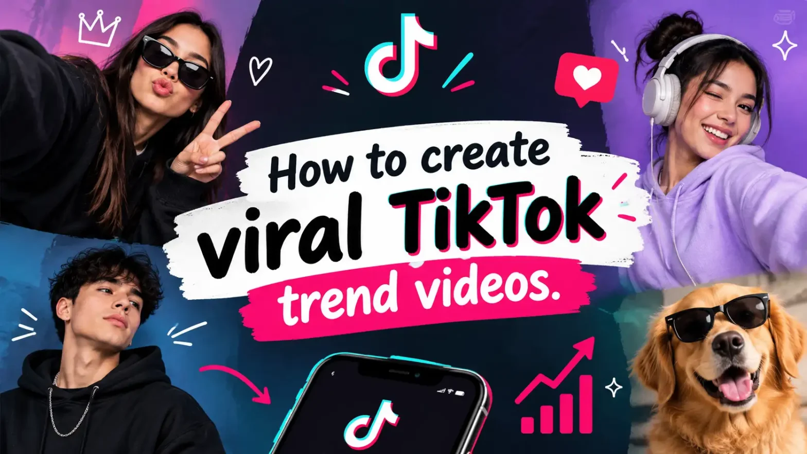 How to create viral TikTok trend videos with creators, a TikTok logo, and a dog in a colorful social media banner.