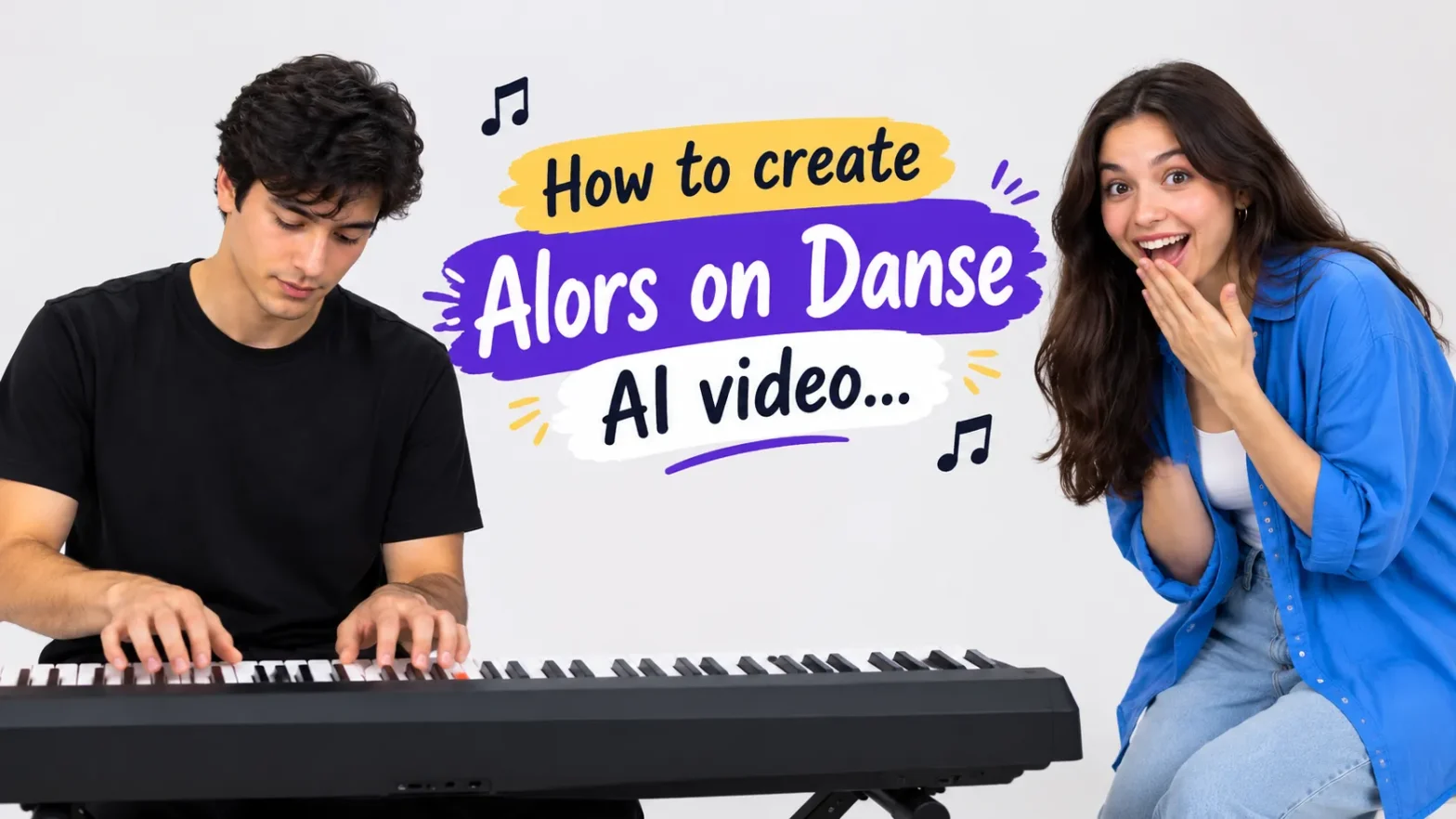 Landscape banner featuring a man playing a keyboard and a smiling woman reacting, with the centered text “How to create Alors on Danse AI video...” on a bright white background.