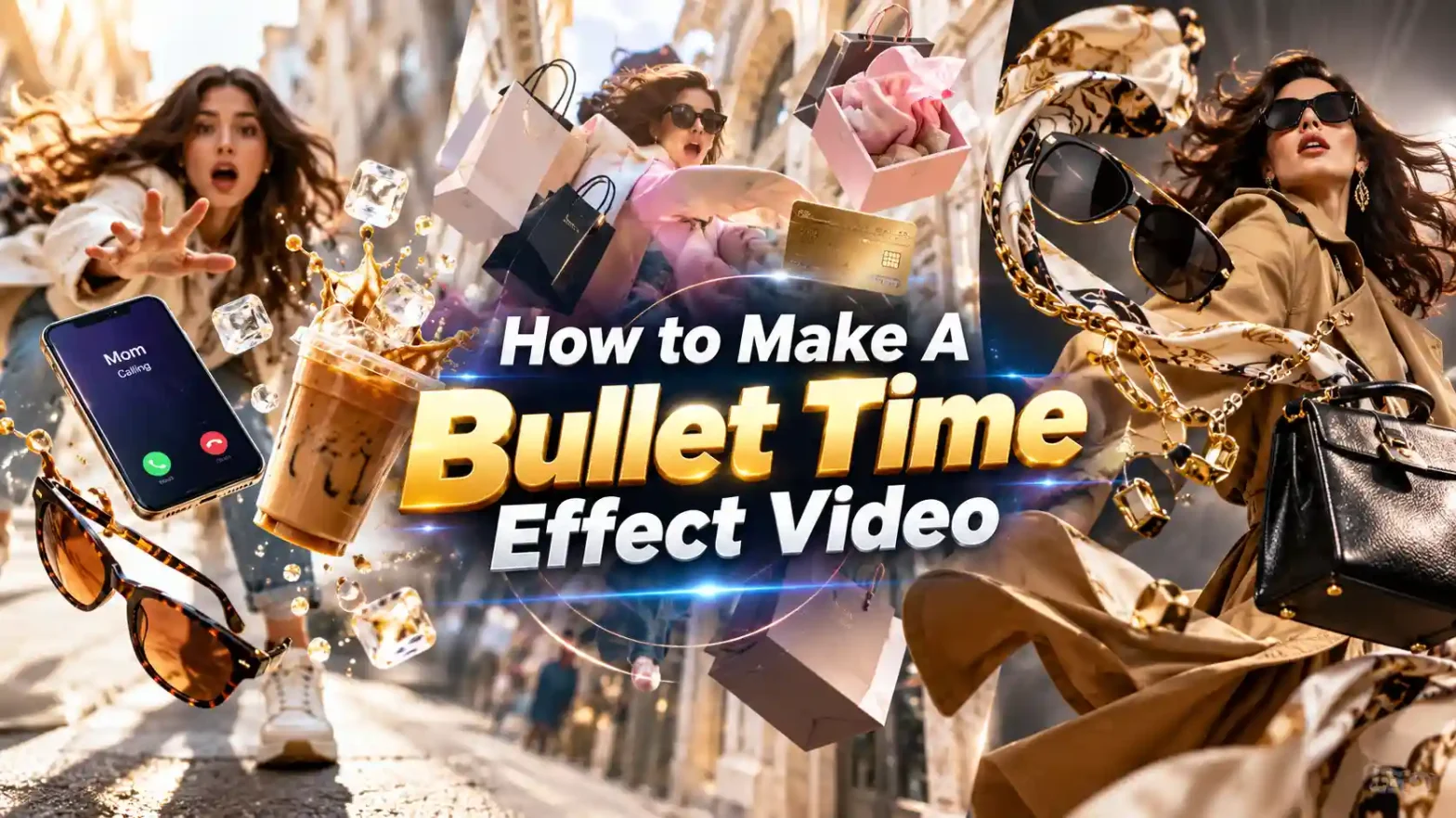 A banner for How to make a bullet time effect video with collage of people tripping over along with their items.