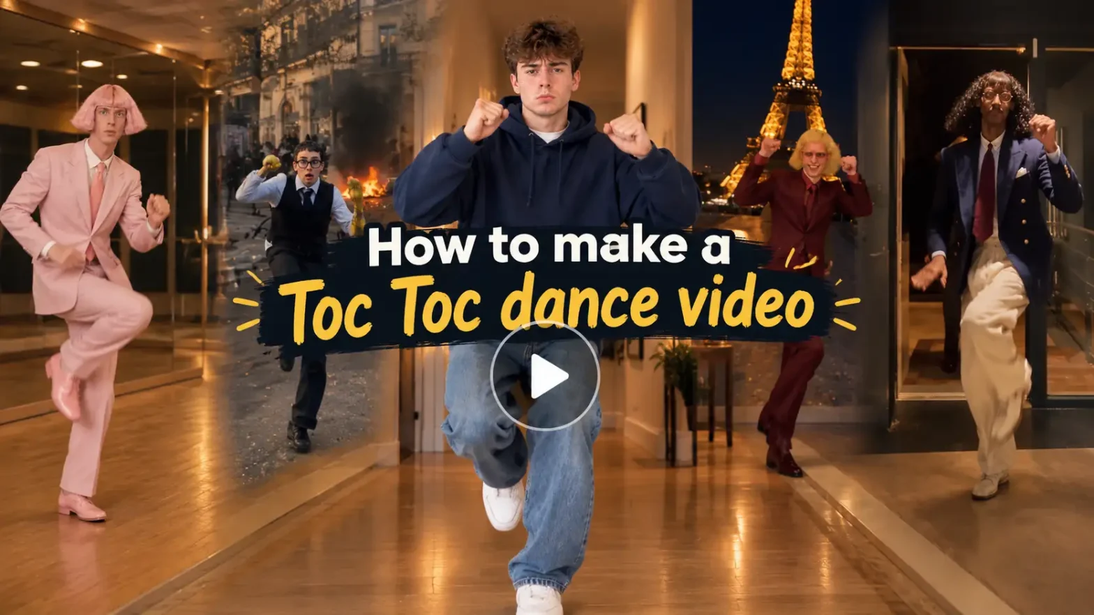 How to make a Toc Toc dance video, landscape banner featuring five dancers in different outfits and locations, with bold central text and a transparent play button.